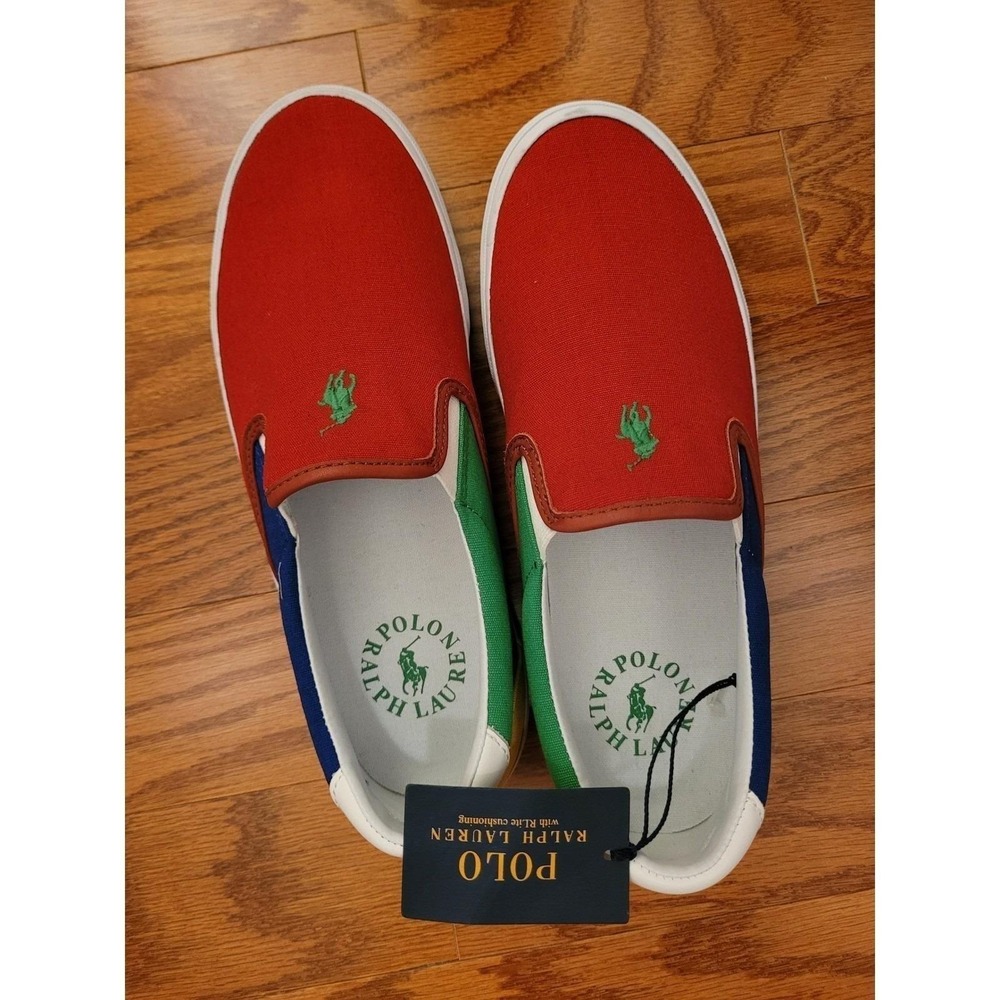 Polo Ralph Lauren Mens Red Slip On Thompson Sneakers Multicolor Logo NWT Size 8